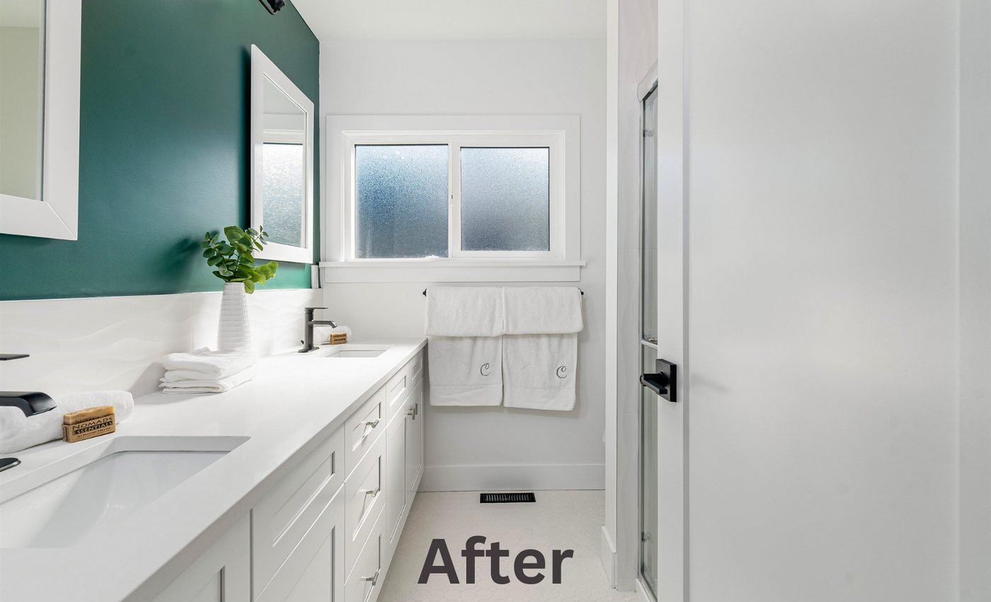 Main bathroom after renovation with new tile and vanity in Burnaby